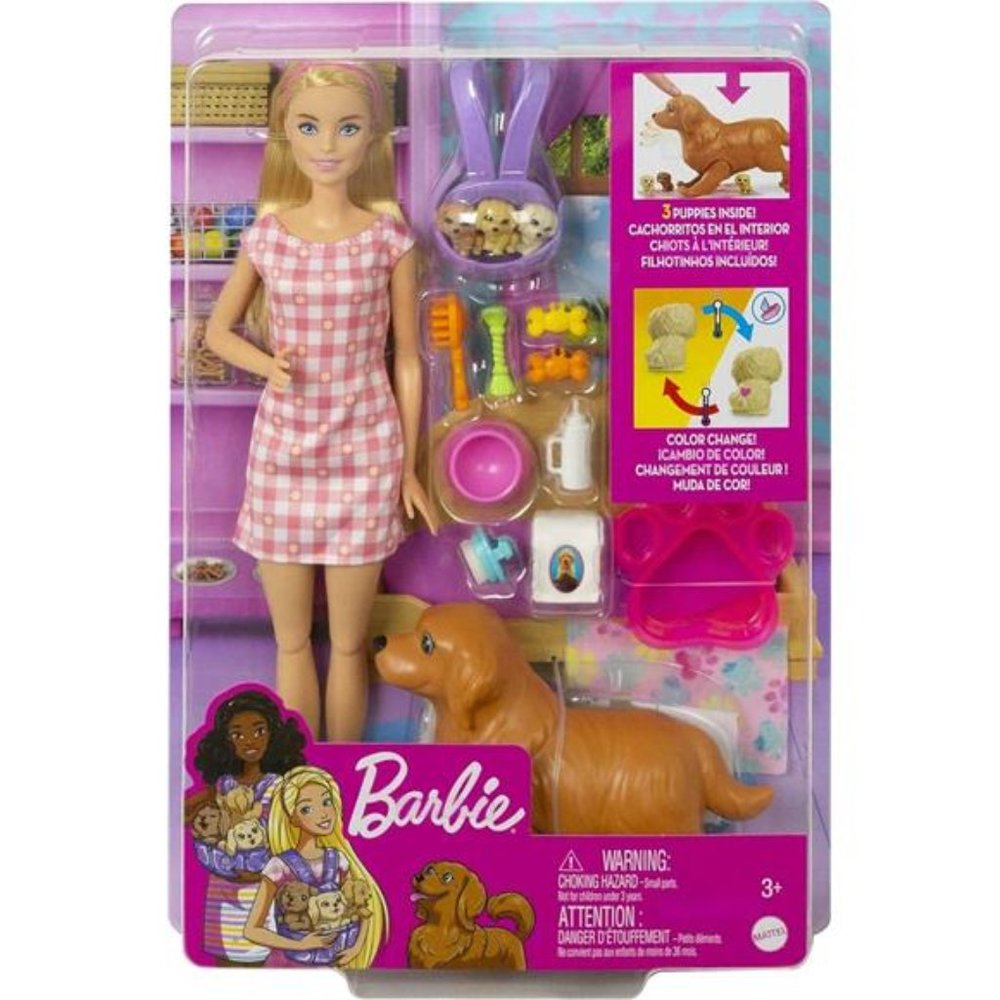 Barbie Doll and Pets, Blonde Doll with Mommy Dog, 3 Puppies Pet Accessories - Picture 2 of 6